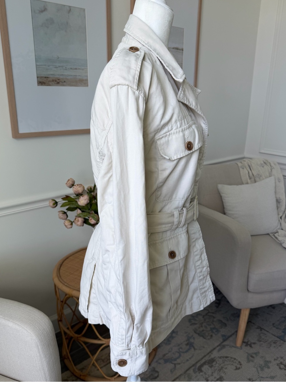 Banana Republic Heritage Linen Blend Safari Jacket Ivory Belted Utility Jacket - Picture 8 of 15